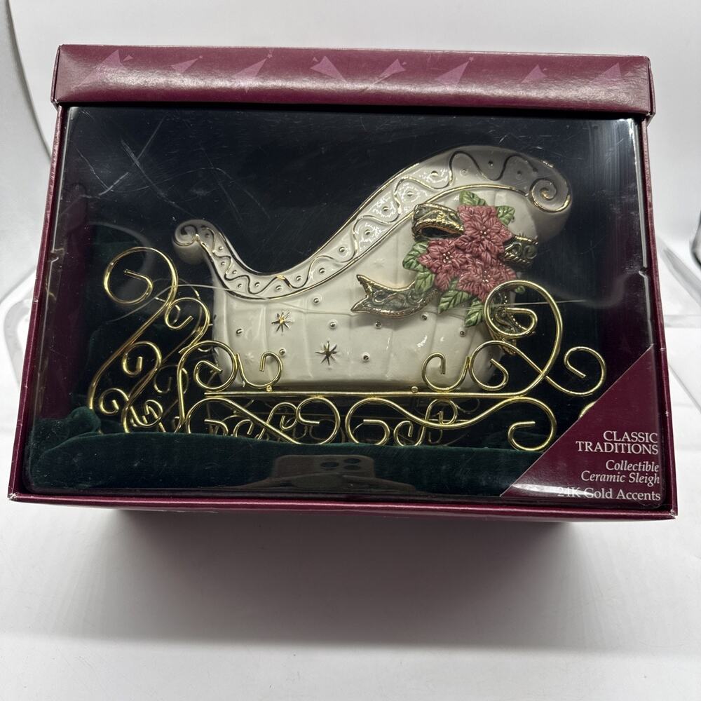 NOS Kmart Vintage Christmas Sleigh Ceramic & Metal - Stars Poinsettia Gold 10"L